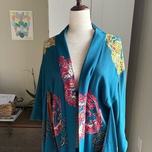 Vintage Asian Kimono Beautiful Teal Patterned Fabric Sz M/L
